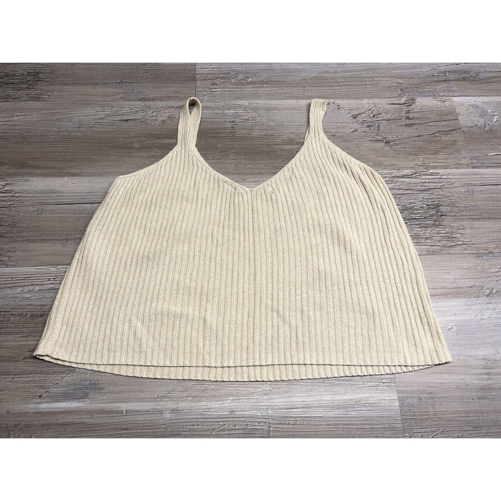 Womens Ribbed Cami Cropped Tank Top Knit Spaghetti Strap Summer V-Neck Beige L